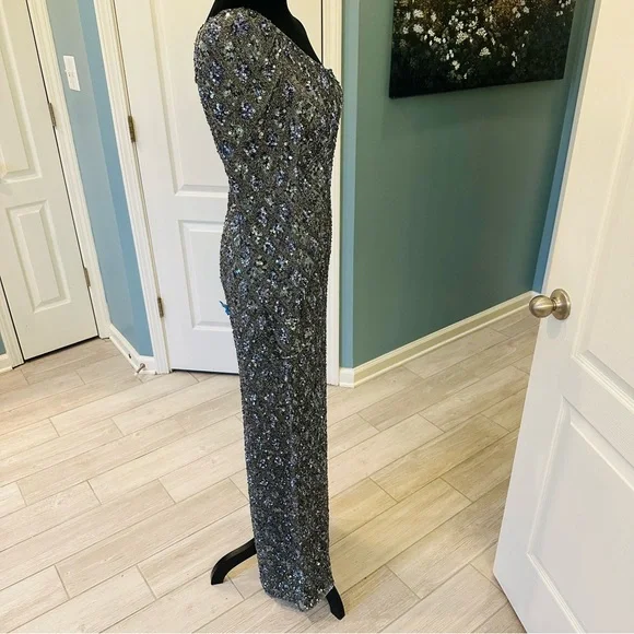 NWT Mac Duggal Sz 6 5479 Embellished One Shoulder Asymmetrical Gown Slate $798 - Picture 11 of 17
